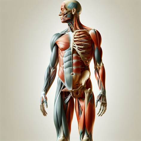 Crea un'immagine dettagliata e realistica che rappresenti l'apparato locomotore del corpo umano. Mostra lo scheletro umano in posizione eretta, evidenziando le principali ossa come il cranio, la colonna vertebrale, le costole, il bacino, gli arti superiori e inferiori. Sovrapponi i principali gruppi muscolari, come i muscoli delle gambe, delle braccia, del dorso e del torace, con una colorazione che li distingua chiaramente dalle ossa. Utilizza uno sfondo neutro e luminoso per mettere in risalto le strutture anatomiche. Lo stile deve essere scientifico, pulito e moderno, adatto a una presentazione didattica o a un manuale di anatomia. Evita didascalie o scritte, concentrandoti solo sugli elementi visivi dell'apparato locomotore.