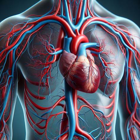 Crea un'immagine dettagliata e realistica che rappresenti l'apparato cardiovascolare del corpo umano. Mostra il cuore al centro, con le principali arterie e vene che si diramano in tutto il corpo, evidenziando la circolazione sanguigna. Utilizza colori vividi come il rosso e il blu per distinguere il sangue ossigenato da quello deossigenato. Lo stile deve essere scientifico e pulito, con un fondo neutro che metta in risalto le strutture anatomiche. L'immagine deve essere priva di didascalie e testo, focalizzandosi esclusivamente sulla chiarezza visiva e sulla precisione anatomica del sistema cardiovascolare umano.