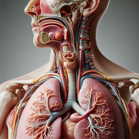 Crea un'immagine dettagliata e realistica che rappresenti l'apparato respiratorio del corpo umano. Mostra i principali organi come naso, cavità nasali, faringe, laringe, trachea, bronchi, bronchioli e polmoni, evidenziando la struttura interna dei polmoni con gli alveoli. Utilizza colori naturali e uno stile anatomico chiaro e pulito, con sfondo neutro per mettere in risalto le parti dell'apparato respiratorio. L'immagine deve essere priva di didascalie e focalizzata esclusivamente sull'anatomia respiratoria umana, adatta a un contesto educativo o scientifico.