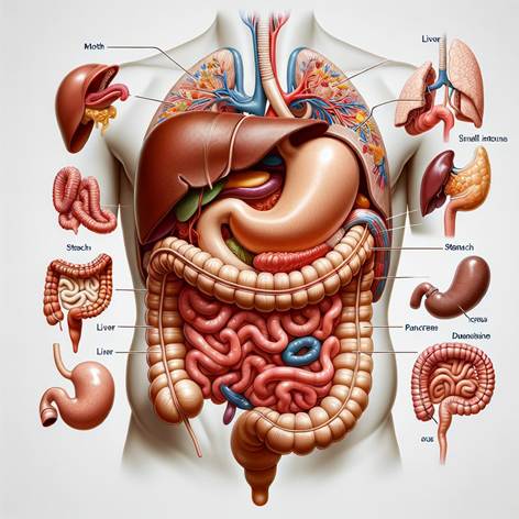 Crea un'illustrazione dettagliata e realistica dell'apparato digerente del corpo umano, senza didascalie o testo. Mostra l'intero percorso del cibo dalla bocca all'ano, includendo organi come bocca, esofago, stomaco, fegato, pancreas, intestino tenue e crasso. Rappresenta i diversi organi con colori naturali e ben distinti, evidenziando le forme anatomiche e le connessioni tra le varie parti. Utilizza uno stile chiaro, educativo e pulito, adatto a un contesto scolastico o scientifico, con sfondo neutro per mettere in risalto l'apparato digerente.