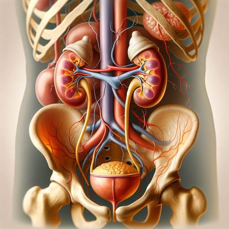 Crea un'immagine dettagliata e chiara che rappresenti l'apparato urinario del corpo umano. Mostra gli organi principali: reni, ureteri, vescica urinaria e uretra, evidenziando la loro posizione anatomica rispetto al corpo umano. Utilizza uno stile illustrativo scientifico, con colori realistici e sfumature morbide per distinguere le diverse strutture. Lo sfondo deve essere neutro per mettere in risalto l'apparato urinario. L'immagine deve essere priva di didascalie o testo, focalizzata esclusivamente sulla rappresentazione visiva degli organi e dei collegamenti tra di essi, adatta a un contesto educativo o divulgativo.