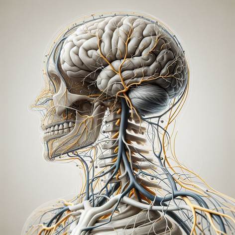 Crea un'immagine dettagliata e realistica che rappresenti il sistema nervoso del corpo umano. Mostra il cervello, il midollo spinale e una rete intricata di nervi che si diramano in tutto il corpo, evidenziando la connessione tra il sistema nervoso centrale e periferico. Utilizza colori chiari e contrastanti per distinguere le diverse parti: il cervello in tonalità grigie e blu, il midollo spinale in bianco, i nervi in giallo o arancione. Lo stile deve essere scientifico e pulito, con un aspetto moderno e informativo, ma senza didascalie o testo. Lo sfondo deve essere neutro per mettere in risalto la struttura nervosa. L'immagine deve trasmettere complessità, precisione e ordine, adatta a un contesto educativo o divulgativo.