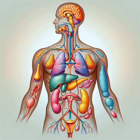 Crea un'illustrazione dettagliata e chiara che rappresenti il sistema endocrino del corpo umano. Mostra le principali ghiandole endocrine come ipofisi, tiroide, paratiroidi, surreni, pancreas, ovaie e testicoli, posizionate correttamente all'interno di una sagoma umana stilizzata. Utilizza colori distinti e vivaci per differenziare ogni ghiandola, con uno stile scientifico ma accessibile, adatto a scopi educativi. Lo sfondo deve essere neutro per mettere in risalto le ghiandole, senza didascalie o testo. L'immagine deve trasmettere chiarezza, ordine e un senso di armonia biologica.
