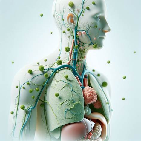 Rappresenta il sistema linfatico e immunitario del corpo umano in modo chiaro e dettagliato, senza didascalie. Mostra una figura umana stilizzata a mezzo busto, evidenziando i principali organi e strutture linfatiche: linfonodi, vasi linfatici, milza, timo e tonsille. Illustra i vasi linfatici come una rete ramificata che si estende in tutto il corpo, con linfonodi rappresentati come piccoli noduli verdi. Inserisci elementi che richiamano la funzione immunitaria, come globuli bianchi stilizzati che circolano nei vasi linfatici e nel sangue. Utilizza colori tenui e naturali, come verde, azzurro e bianco, per trasmettere un senso di salute e protezione. Lo stile deve essere moderno, pulito e scientifico, con linee morbide e dettagli anatomici semplificati, adatto a un contesto educativo o divulgativo.