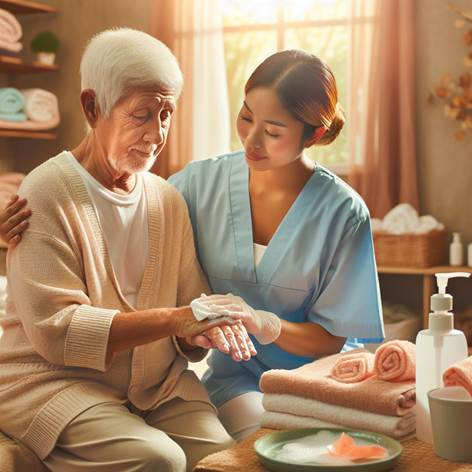 Crea un'immagine che rappresenti un paziente anziano assistito con attenzione e rispetto, evidenziando l'importanza dell'igiene personale per il benessere fisico e psicologico. Mostra una scena serena e luminosa in cui un operatore socio-sanitario aiuta con delicatezza una persona anziana, magari durante la cura quotidiana come il lavaggio del viso o delle mani. Inserisci elementi che trasmettano comfort, dignità e sicurezza: abiti puliti, ambiente ordinato e accogliente, dettagli come asciugamani morbidi e prodotti per la cura della pelle. Utilizza colori caldi e rassicuranti, uno stile realistico e gentile, e un'atmosfera che comunichi serenità, rispetto e centralità della persona fragile. Il volto dell’anziano deve esprimere tranquillità e gratitudine, mentre l’operatore mostra empatia e professionalità.