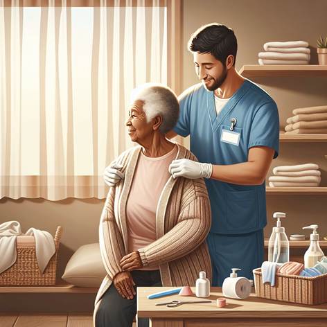 Rappresenta una scena realistica e rassicurante in cui un operatore socio-sanitario (OSS) aiuta con delicatezza una persona anziana o parzialmente autosufficiente a indossare un maglione dopo le procedure di igiene quotidiana. Mostra attenzione alla dignità e al comfort dell’assistito, con l’ambiente circostante ordinato e luminoso, materiali puliti a portata di mano e dettagli che trasmettono cura e rispetto. Utilizza colori caldi e neutri, uno stile illustrativo realistico e accogliente, e includi elementi che suggeriscano privacy e serenità, come una stanza ben organizzata e un’espressione rassicurante sia dell’OSS che dell’assistito.