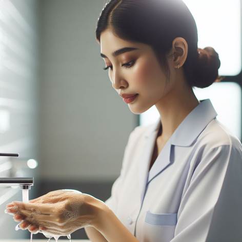 Rappresenta una donna OSS in divisa professionale pulita, mentre si lava accuratamente le mani in un ambiente sanitario luminoso e ordinato. Mostra chiaramente il viso della persona, con espressione serena e concentrata, capelli raccolti e senza gioielli visibili. Illustra il gesto del lavaggio delle mani con acqua e sapone, evidenziando la cura e l’attenzione all’igiene come fondamento della prevenzione. Utilizza colori chiari e neutri per trasmettere pulizia e professionalità, con uno stile realistico e dettagliato, senza alcun testo nell’immagine.