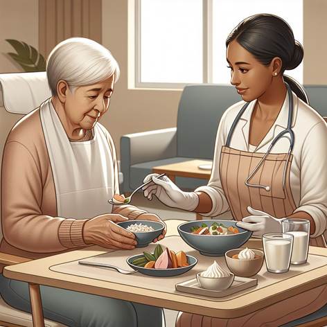 Rappresenta una scena in cui un Operatore Socio Sanitario (OSS) assiste un anziano durante i pasti, in un ambiente confortevole e luminoso. Mostra l’OSS che aiuta l’anziano seduto a tavola o in posizione semiseduta a letto, con attenzione all’igiene (mani pulite, tovagliolo o bavaglio), e utilizza posate adattate o un cucchiaio per imboccare con calma. L’OSS mantiene un atteggiamento rassicurante e paziente, incoraggiando l’anziano a mangiare autonomamente quando possibile, tagliando il cibo in piccoli pezzi e spiegando la disposizione degli alimenti. Inserisci dettagli come piatti equilibrati con proteine, carboidrati, verdure e frutta, e mostra un ambiente ordinato, pulito e sereno. Utilizza colori caldi e naturali, stile realistico e font leggibile per eventuali etichette o didascalie, trasmettendo cura, sicurezza e rispetto dell’autonomia della persona assistita.