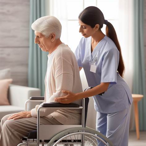 Rappresenta una scena realistica in cui un operatore socio-sanitario (OSS) sta aiutando un anziano a sedersi su una sedia a rotelle. L’anziano non è ancora completamente seduto: il movimento è in corso, con l’OSS che sostiene delicatamente la schiena e il braccio dell’anziano, mostrando attenzione e cura. L’ambientazione è una stanza luminosa e ordinata, tipica di una struttura sanitaria o di una casa di riposo. L’OSS mantiene una postura corretta, con le ginocchia flesse e la schiena dritta, mentre comunica con l’anziano in modo rassicurante. L’anziano appare collaborativo ma fragile, con espressione serena. Utilizza colori tenui e naturali, stile realistico, atmosfera accogliente e professionale. Inserisci dettagli come la sedia a rotelle ben visibile, eventuali ausili come cuscini o supporti, e abbigliamento identificativo per l’OSS (camice o divisa).