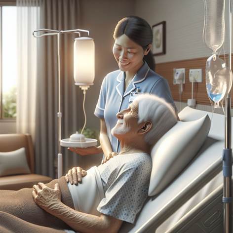 Rappresenta una scena in una stanza di ospedale con un paziente anziano a letto, il viso segnato da sofferenza e stanchezza, che trasmette le complicanze dell'immobilizzazione come dolore, fragilità e vulnerabilità. Accanto al letto, mostra un OSS sorridente, con lo sguardo rivolto verso il paziente, che offre assistenza con empatia e professionalità. L'OSS deve indossare una divisa azzurra e bianca ben visibile, simbolo del ruolo di supporto e cura. L'atmosfera deve essere rassicurante e umana, con luce naturale che entra dalla finestra, dettagli come cuscini antidecubito e piccoli gesti di attenzione (ad esempio, una mano che conforta il paziente). Lo stile deve essere realistico, colori tenui e caldi, per trasmettere sia la difficoltà della condizione che la speranza e la dignità offerte dall'assistenza OSS. Inserisci elementi che suggeriscano la prevenzione delle complicanze da immobilizzazione, come la presenza di ausili e una postura corretta del paziente.