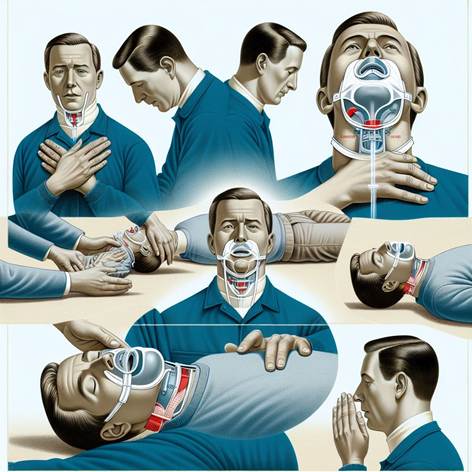 Rappresenta visivamente le tecniche di disostruzione delle vie aeree, mostrando una sequenza chiara e realistica di manovre di primo soccorso come la manovra di Heimlich su un adulto, la disostruzione in posizione supina e le pacche dorsali su un bambino. Illustra le mani dell’operatore posizionate correttamente, il corpo della persona ostruita in atteggiamento di emergenza, e lo sfondo neutro per concentrare l’attenzione sulle azioni. Utilizza colori realistici e uno stile didattico, con dettagli anatomici delle vie aeree e del torace, ma senza didascalie o testo. L’immagine deve trasmettere chiarezza, professionalità e un senso di urgenza controllata, adatta a materiale educativo sanitario.