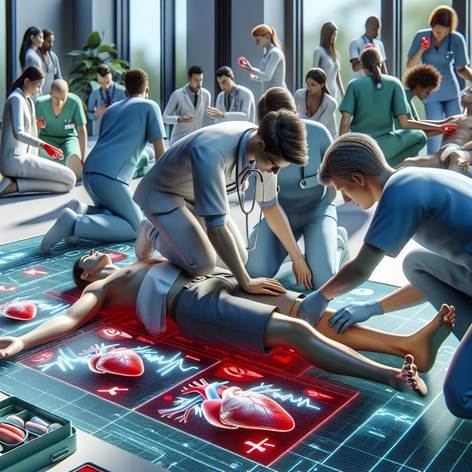 Rappresenta la gestione dello shock nel primo soccorso, evidenziando il ruolo dell'apparato cardiovascolare. Mostra una scena di primo soccorso in cui una persona soccorre un paziente sdraiato, con le gambe sollevate per favorire il ritorno venoso. Inserisci elementi visivi che richiamano il cuore, i vasi sanguigni e il flusso sanguigno, suggerendo l'importanza della circolazione e della pressione arteriosa. Utilizza colori rassicuranti come blu e verde, con dettagli in rosso per il sangue e il cuore. Lo stile deve essere realistico ma chiaro, adatto a materiale educativo, con un'atmosfera di prontezza e cura. Evita didascalie o testo, concentrandoti solo su elementi visivi che trasmettono il concetto di gestione dello shock e supporto cardiovascolare nel primo soccorso.