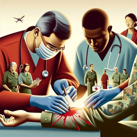 Rappresenta il tema del controllo delle emorragie nel primo soccorso. Mostra una scena realistica e chiara in cui una persona presta soccorso a un ferito con una vistosa emorragia da un arto, applicando una compressione diretta con una garza o un panno pulito. Evidenzia il gesto della pressione manuale, la presenza di sangue rosso vivo, e l'urgenza della situazione. Inserisci elementi visivi che richiamano il primo soccorso, come kit di emergenza, senza didascalie o testo. Utilizza colori realistici, uno sfondo neutro per concentrare l'attenzione sull'azione, e uno stile illustrativo dettagliato ma non eccessivamente drammatico, trasmettendo prontezza e competenza.