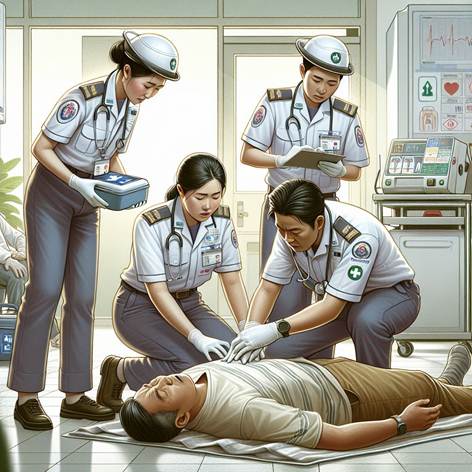 Crea un'illustrazione che rappresenti la gestione dello shock nel primo soccorso, sostituendo le persone presenti nell'immagine originale con operatori socio-sanitari (OSS) riconoscibili dalla divisa tipica. Mostra una scena realistica in cui gli OSS intervengono su una persona colpita da shock: uno controlla le funzioni vitali, un altro solleva delicatamente le gambe della vittima, mentre un terzo copre la persona con una coperta. L'ambiente deve essere pulito e rassicurante, con colori neutri e dettagli che richiamano un contesto di primo soccorso (ad esempio, kit di emergenza, telefono per chiamare i soccorsi). Lo stile deve essere chiaro, educativo e professionale, con espressioni facciali degli OSS concentrate e rassicuranti. Utilizza font leggibili per eventuali etichette o didascalie, mantenendo un tono informativo e positivo.