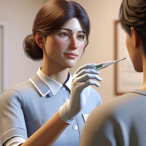 Crea un'immagine che rappresenti un Operatore Socio Sanitario (OSS) mentre misura la febbre a una persona utilizzando esclusivamente un termometro. L'OSS deve essere riconoscibile dalla divisa tipica, in un ambiente sanitario semplice e pulito, senza la presenza di altri strumenti medici visibili. L'atmosfera deve essere rassicurante e professionale, con colori tenui e naturali. Lo stile deve essere realistico e rispettoso, con attenzione ai dettagli del gesto e all'espressione di cura dell'OSS. Evita qualsiasi elemento che suggerisca l'uso di altri dispositivi medici.