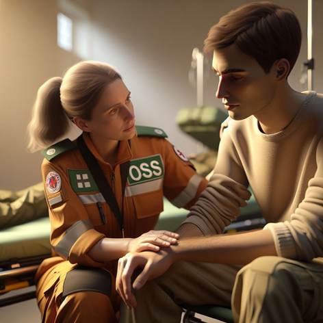 Rappresenta una scena di emergenza di primo soccorso in cui una donna OSS, riconoscibile dall'uniforme tipica dell'operatore socio-sanitario, offre supporto psicologico a un paziente. La donna OSS è accanto al paziente, seduta o inginocchiata, con un'espressione rassicurante e gesti di conforto come una mano sulla spalla o uno sguardo empatico. L'ambiente deve suggerire un contesto di pronto soccorso, con dettagli come barelle, attrezzature mediche di base e luci neutre. Il focus è sull'interazione umana, sulla calma e sulla solidarietà, evitando la presenza di medici. Utilizza colori tenui e caldi per trasmettere serenità, con uno stile realistico e professionale. L'atmosfera deve comunicare sostegno emotivo e vicinanza, evidenziando il ruolo fondamentale dell'OSS nel supporto psicologico durante l'emergenza.